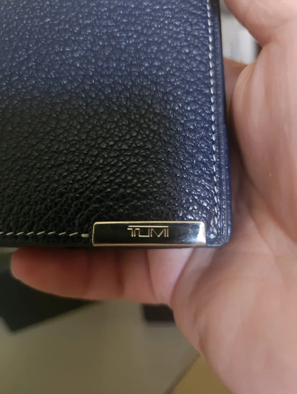Tumi Navy Pebbled Leather Card & Key Holder with Silver Tone Logo